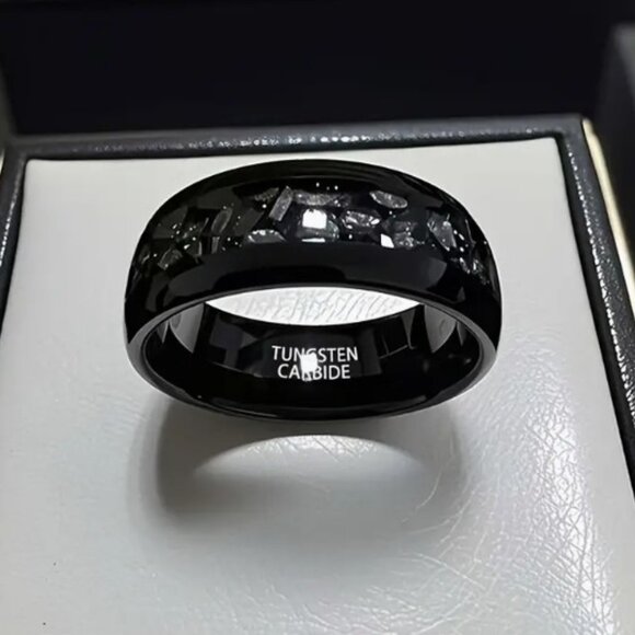 Men's 8mm Gunmetal Black Tungsten Ring with Synthetic Meteorite Inlay Modern - Picture 1 of 7